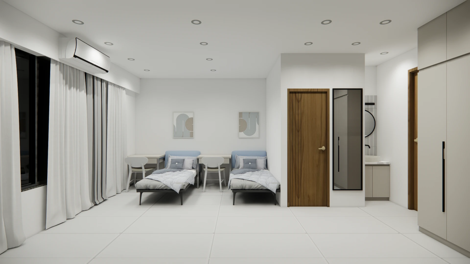 Quad sharing room front view with beds